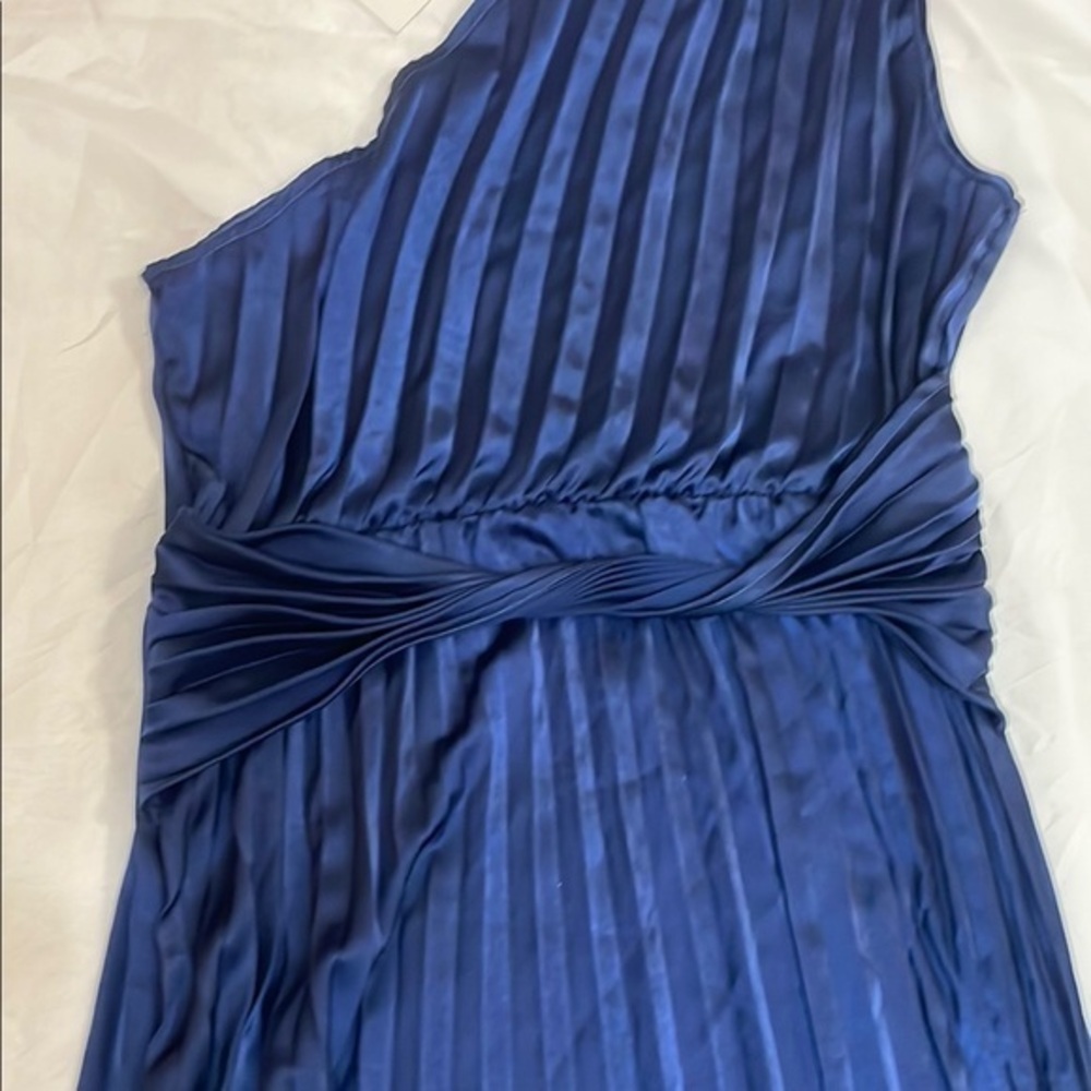 NWT Satin Pleated One Shoulder Asymmetrical Navy Blue Long Maxi Dress, XL